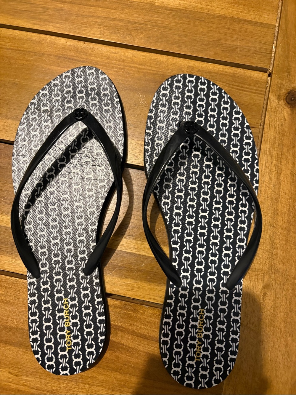 Tory Burch Black & White Logo Print Flip Flops
